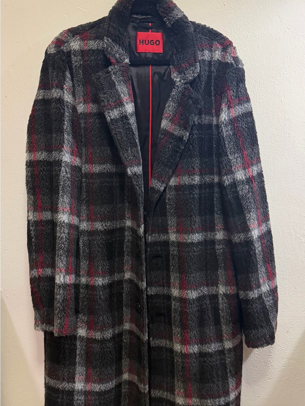 HUGO Black and Gray Plaid Faux-Fur Pea Coat with Red Accents